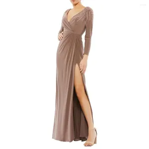 Party Dresses MOLISA Elegant Luxury V Neck Crystals Full Sleeve Mermaid Long Evening Dress For Woman High Slit Floor Length Classy Prom Gown