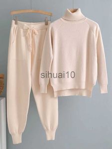 Women's Two Piece Pants 2022 2 Pieces Set Women Knitted Tracksuit Turtleneck Sweater + Carrot Jogging Pants Pullover Sweater Set CHIC Knitted Outwear J231211