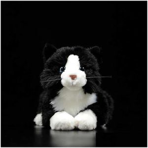 Fyllda plyschdjur Super Cute Black and White Tabby Cat Soft Toy Lie Kitten Lifelike Simation for Kids Birthday Present 21cm Q0727 OT3NW