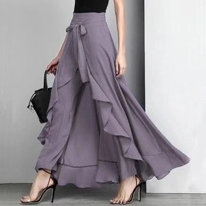 Calças femininas elegantes vintage ru ffles perna larga mulheres cintura alta irregular longo femme casual solto streetwear barriga dança calças