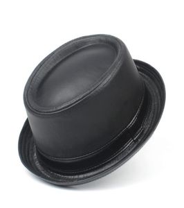 Men Balck Pork Pie Hat For Dad Leather Fedora Hat Fashion Gentleman Flat Bowler Porkpie Top Size S M L XL8758778