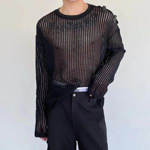 Men's Vests Mens Mesh Hollow Y2k Leather Strap Off-Shoulder Knitted Sweater Sexy See-Through Nightclub Long-Sleeved T-Shirt For Men