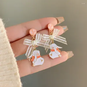 Dangle Earrings Self-designed S925 Needle Sweet Fairy Cute White Lace Ribbon Bow Drop For Women Girls Gift