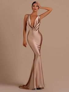 Basic Casual Dresses Woman Sexy Satin Swing Neck Dress Fashion Solid Backless Bodycon Maxi 2023 Elegant Ladies Party Club Wrap Hips Vestidos 231208