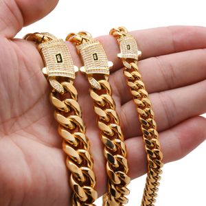 Designer de colar de cadeia de ligação cubana para homens aço inoxidável não manchas de ouro banhado de 6 a 14 mm de largura Diamante CZ embutido em jóias de rapper de buckle hip hop designer