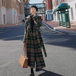 Wełniane mieszanki wełny s-xl wełniane płaszcze wełniane jesień zima mieszanki mieszanki Kurtki obracające kołnierz X-Long Lose Plaid Fashion Ladies Owezyjna odzież HW129 231211