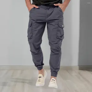 Calças masculinas homens meados de cintura multi bolsos botão zíper fechamento carga cor sólida solta tornozelo-banded calças compridas para namoro