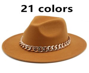 Damenhüte mit breiter Krempe und dickem Goldkettenband mit Gürtel, klassischer beigefarbener Filzhut, schwarze Cowboy-Jazz-Kappen, Luxus-Fedora-Damen-Eimer6812156