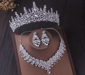 Earrings Necklace Luxury Silver Color Crystal Bridal Jewelry Sets Rhinestone Tiaras Crown Choker Women Wedding Dubai Set2624060