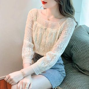 Kvinnors blusar M-5XL Korean Fashion Lace Top Spring Summer Blue Square Neck Crochet Chiffon Shirt