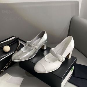 Top quality sheepskin Silvery white Mary Jane pumps heels shoes with strap Chunky block heel sandals Luxury designer Dress shoes Factory footwear Dinner party shoe