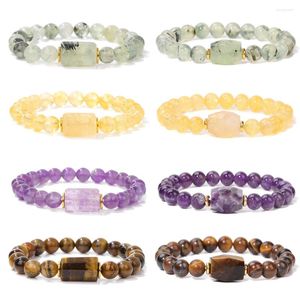 Strand 8mm Natural Stone Beads Bracelet Healing Reiki Quartzs Square Shape Citrines Amethysts Rose Pink Bracelets For Women Men