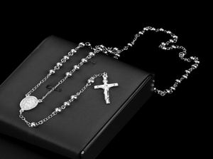 Classic Silver Rosary Beads Chain Crucifix Religious Katolska rostfritt stålhalsband Kvinnors Men's 4mm/6mm/8mm/10mm6646677