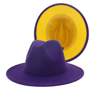 Lila gult lapptäcke unisex panama ull filt fedora hattar med bälte spänne kvinnor män brett grim part trilby gambler hat8515857