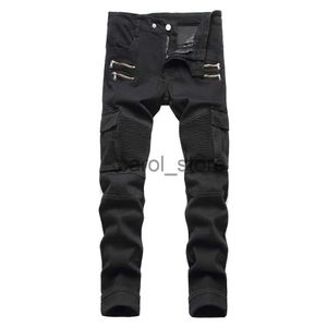 Men's Pants Men's Pockets Cargo Biker Jeans Slim Straight Stretch Denim Pants Zippers Pleated Trousers Black Army Green J231208