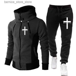 Herrspårar Herrjacka Set 2022 Jag tror på Christian Jesus Double Zip Sports Fitness Jogger Jacket Fashion Hooded Jacket + Sweatpants Q231211