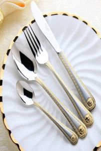 4 pcsset Vintage Western Gold Plated Dinnerware Dinner Fork Knife Set Golden Cutlery Set Stainless Steel Engraving Tableware X0704586962
