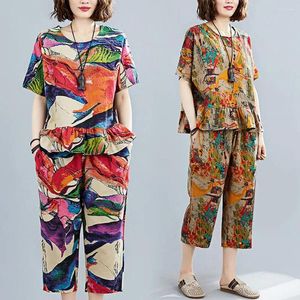 Women's Two Piece Pants 1 Set Female Outfit Round Neck Short Sleeves Elastic Waist Printed Dress Up Summer T-Shirt Cropped Trousers Women