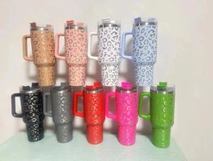 40oz leopard Mug Tumbler With Handle Insulated with Handle and Straw Reusable Insulated coffee cup big capacity Water Bottle