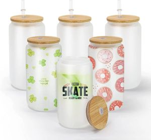 USA/CA Stock Sublimation 16oz Glassburkar med bambu lock återanvändbara halmölmuggar transparent frostade glas tumlar soda kan koppar