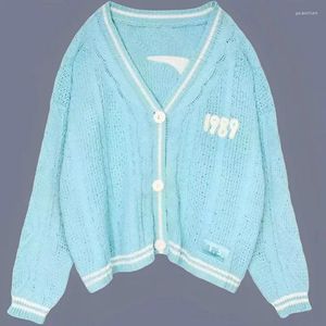 Women's Knits QWEEK Blue Cardigan For Autumn Winter Bird Embroidery Special Knit Cardigans Lazy Style Vintage Swift Sweater