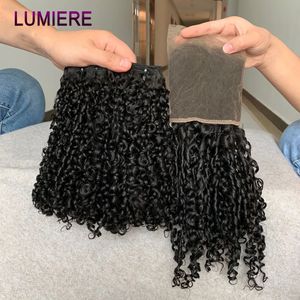 Syntetiska peruker Pixie Bouncy Curly Human Hair Weave 3/4 Bunt med stängning Front Afro JerryKinky Curly Stängning och bunt Fumi Hair 231211