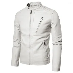 Giacche da uomo Primavera Autunno Giacca in pelle con cerniera di marca di fascia alta Colletto alla coreana solido Cappotto antivento bianco casual sottile in PU moda