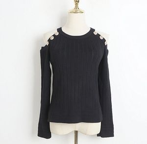 검은 흰색 고급 스웨터 여자 긴 소매 오프 어깨 풀버 디자이너 스웨터 여성 의류