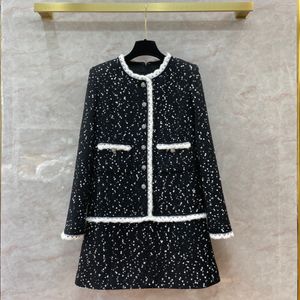 2024 Vintage Black Dots Long Sleeves Tweed Women's Long Dress Milan Runway Buttons Dresses Coats 12118982983