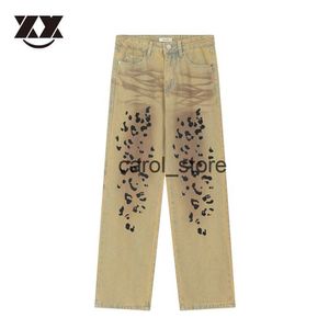 Calças masculinas leopardo impressão cáqui vintage baggy jeans calças homens lavados angustiados mulheres retas algodão calças compridas estilo punk pantalon j231208