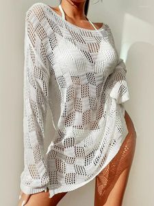 Damenbadebekleidung Sommer Bikini Cover Up Frauen Strandkleid 2023 Mode Weiß Sexy Strick Split Crochet Hollow Out Urlaub O Neck Loose