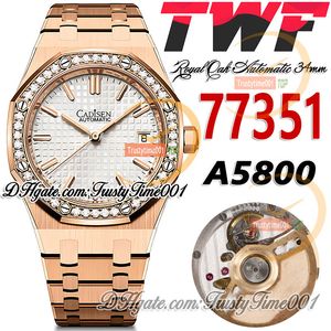 TWF 34mm 77351 A5800 Automatic Lady Watch 50th Anniversary Diamonds Bezel Rose Gold White Textured Dial Stainless Bracelet Super Edition trustytime001Watches