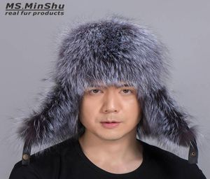 Rysk stil unisex silver räv päls hatt med fårskinn läder yttre skal vinter öronflap headwarmer4226291