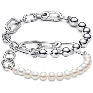 Beaded Me Metal Bead Freshwater Cultured Pearl Link Chain Bracelet 925 Sterling Silver Bangle Fit Fashion Bead Charm Diy Jewelry 231208