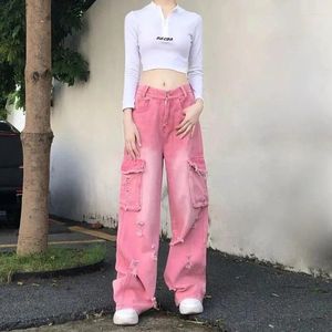 Women's Jeans Ropa Y2K 2000S Pink Baggy Ripped Cargo High Waist Pants For Women Clothing Straight Korean Casual Lady Hip Hop Trousers
