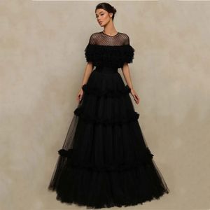 2024 Modern A-line Black Evening Dress O-neck Multilaye Wave Point Tulle Formal Prom Party Gowns Black White Robe De Soriee