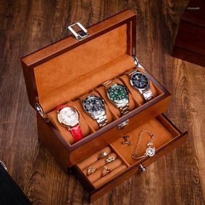 Uhrenboxen Holzkiste Organizer Fall Doppelschicht Braun Herren Schmuck Lagerung Display Ring Halskette Armband Geschenk312A