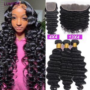 Synthetic Wigs 40" Loose Deep Wave Human Hair Bundle With Closure Frontal HD Transparent Lace Closure With Bundle Human Hair Weave Bundles Deal 231211