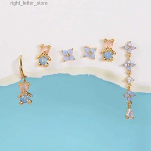 Stud New Ins Vintage Exquisite Bear Earring Gold-Plated Blue Flower Zircon Stud Earrings Set for Women Girls Fashion Jewelry Gift YQ231211