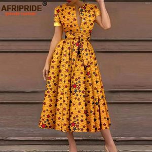 Party Dresses African For Women Short Sleeve High Waist Elegant Print Casual Outfits Midi Dress Dashiki Attire With Belt A2325003