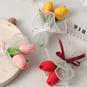 Flores decorativas mini buquê de flores bonito pu tulipa artificial falso presente de casamento para convidados dia dos namorados