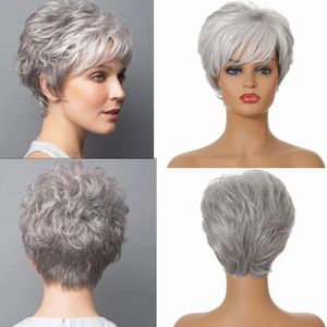 Cosplay Wigs Fashion Wigs Women's Short Curly Synthetic Hair Gray White Mixed Color Oblique Bang Head Cover 231211