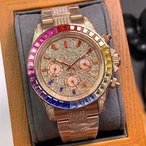 Cyrkon Full Diamond Stal Bransoletka zegarki Automatyczne mechaniczne męskie zegarek 43 mm Montre de Luxe Ladieswatches Rainbow Diamond202i