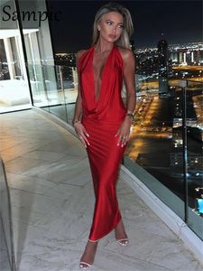 Grundläggande casual klänningar Sampic Fashion Summer Women Clothes Red Long Wrap Halter Satin Dress Sexig Deep V Neck Party Night Club Backless 231208