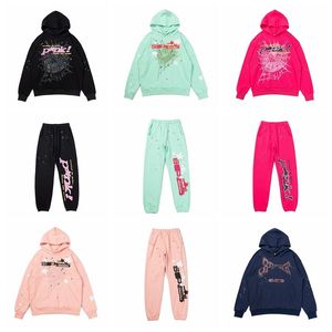 SP5der Tasarımcı Erkek Hoodie Young Thug 555555 Fermuar Gündelik Uzun Kollu Drulovers Köpük Baskı Örümcek Web Grafik Pembe Kadınlar Sweatshirts S-XL