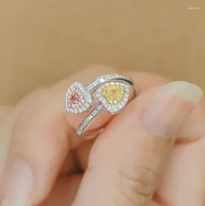 Anéis de cluster duplo coração zircão anel de dedo branco ouro festa de casamento banda para mulheres nupcial promessa noivado jóias