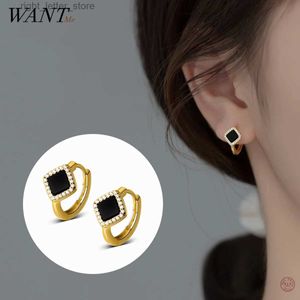 Stud WantMe 925 Sterling Silver Luxury Gothic Black Emalj Diamond Huggies Hoop Earrings Women mode Elegant Wedding Party Jewelry YQ231211