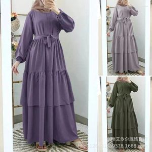 Ethnic Clothing Muslin Abaya For Women Spring Autumn 2023 Laminated Splice High Waist Long Sleeve Loose Dress Islamic Gown