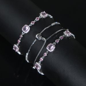 Delicado tamaño ajustable diapositiva rosa cuadrado rectángulo brazalete de circón elegante pulsera Hip Hop pavimentado Cubic Zirconia mujeres regalo de fiesta joyería al por mayor