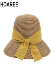 Chapéu de verão feminino amarelo sol bowknot viseira palha aba larga primavera designer marca cúpula balde dobrável hats9899686